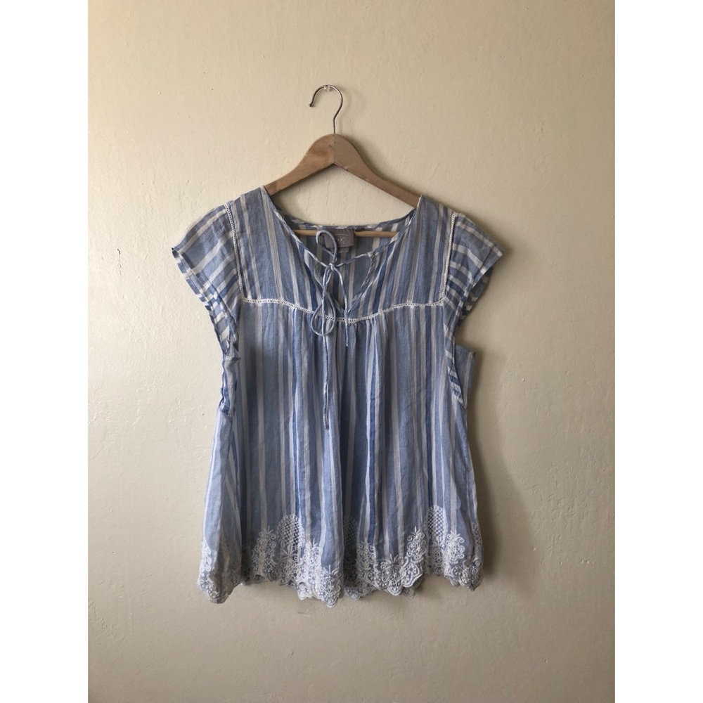 ANTHROPOLOGIE blue+white striped peasant top - Picture 2 of 6